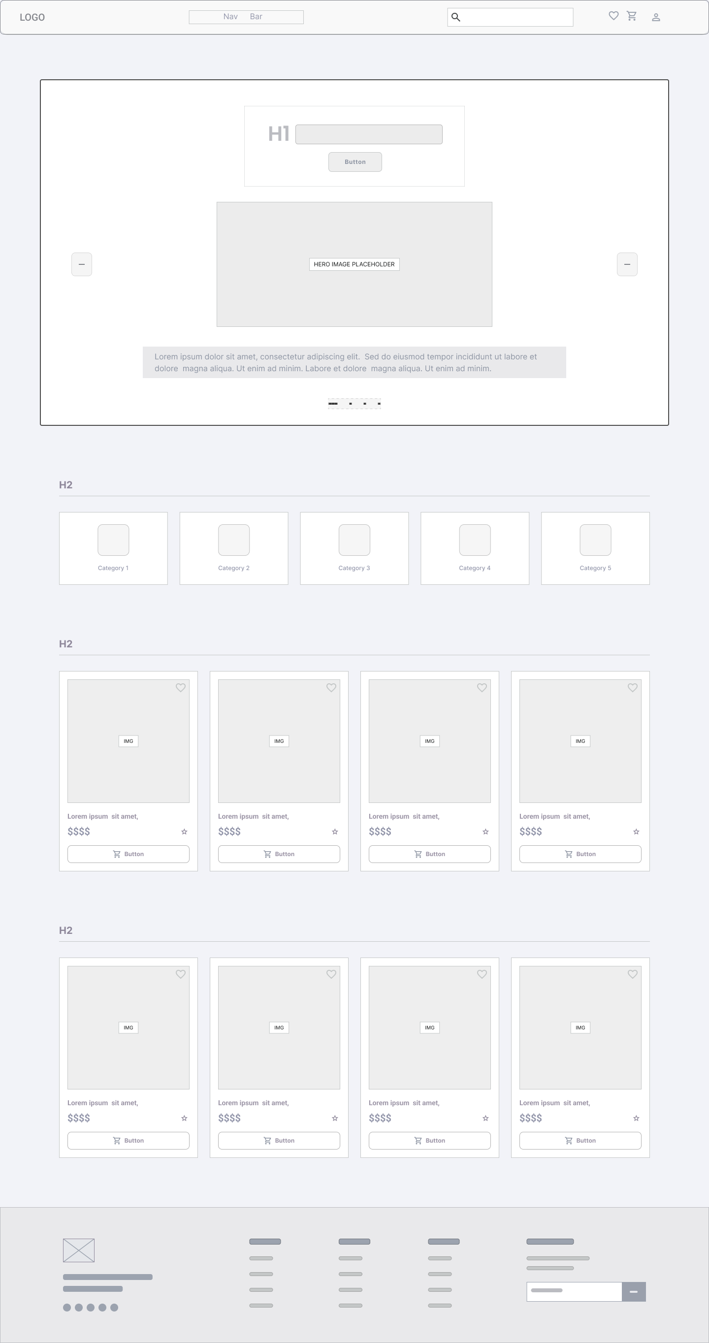 Final wireframe of the Nova Cart homepage with a refined hero carousel, category tiles and product card grids